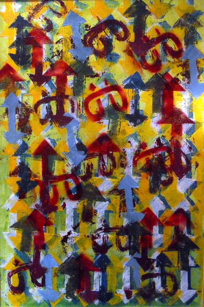 Arrows 1, 2013, Acrylic on board, 700 x 400 mm. Exhibited in Nairobi, 2013